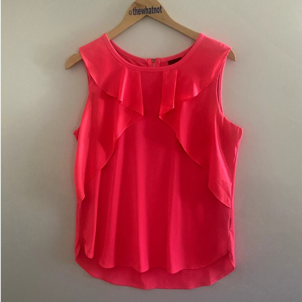Worthington Ruffle Front Blouse Hot Pink Sleeveless Gold Zip Back L